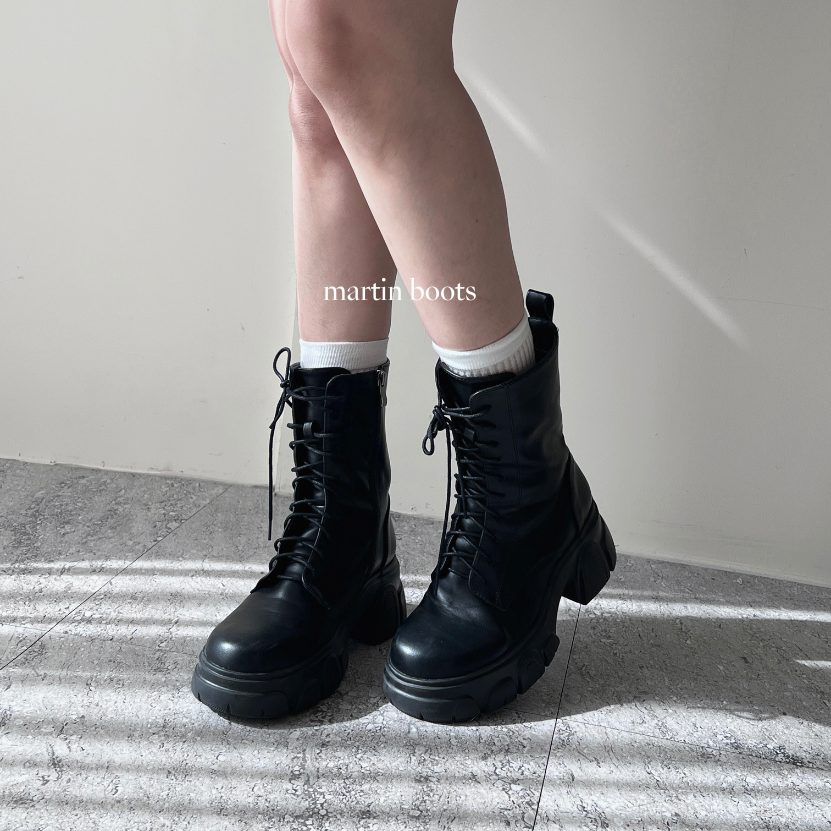 【就是比較瘦】DOMISS真皮厚底綁帶軍靴 靴子 短靴 中筒靴 長靴 牛皮 真皮 輕量 厚底短靴 7cm-黑 (現+預)