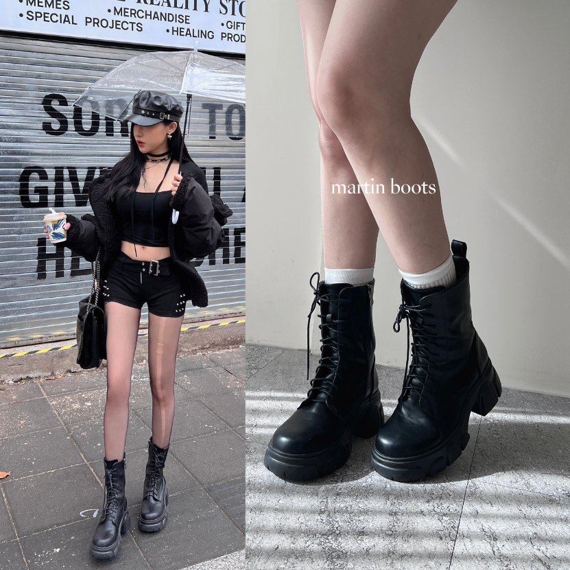 【就是比較瘦】DOMISS真皮厚底綁帶軍靴 靴子 短靴 中筒靴 長靴 牛皮 真皮 輕量 厚底短靴 7cm-黑 (現+預)