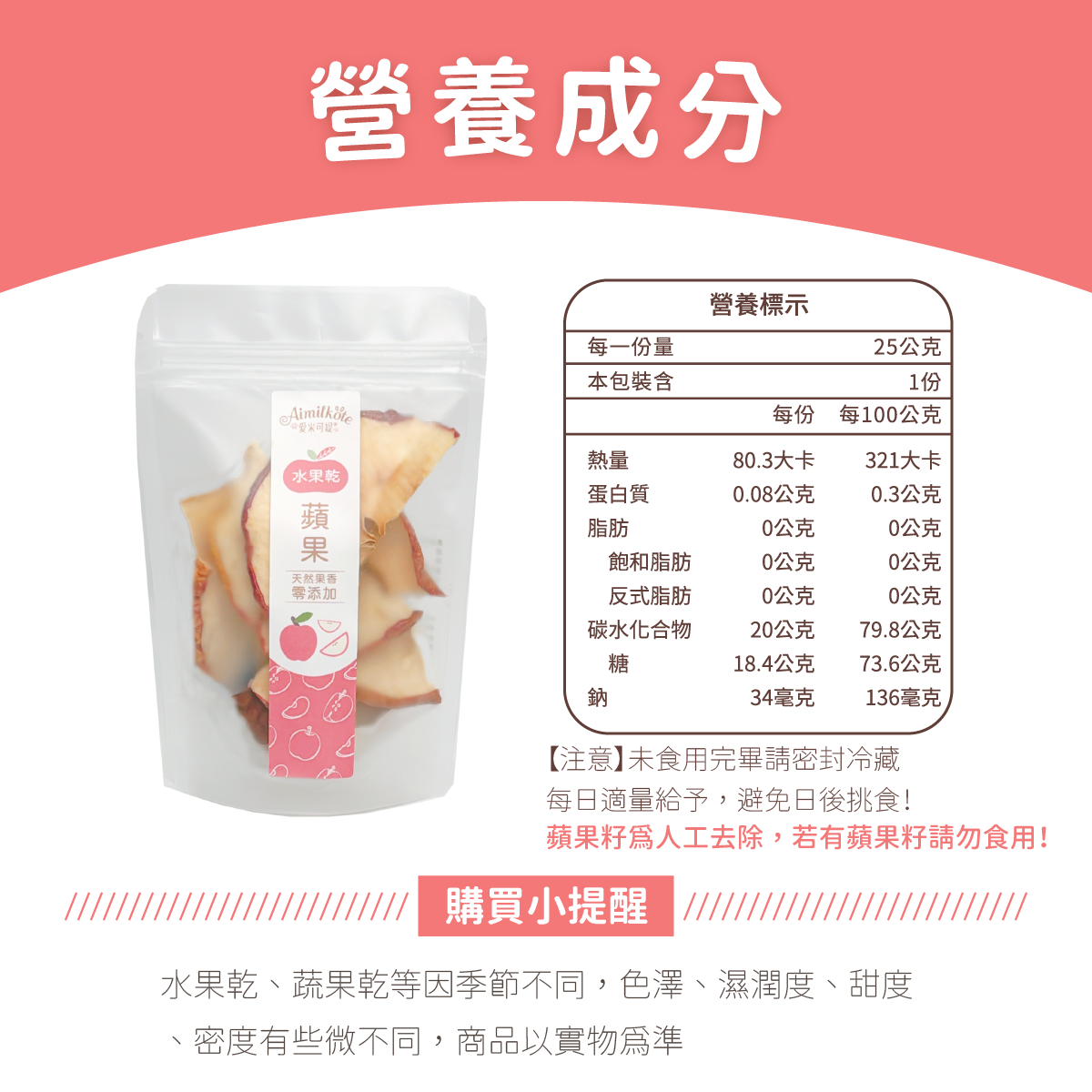 蘋果果乾營養成分，【注意】未食用完畢請密封冷藏，每日適量給予，避免日後挑食! 購買小提醒，水果乾、蔬果乾等因季節不同，色澤、濕潤度、甜度、密度有些微不同，商品以實物為準。蘋果籽為人工去除，若有蘋果籽請勿食用！