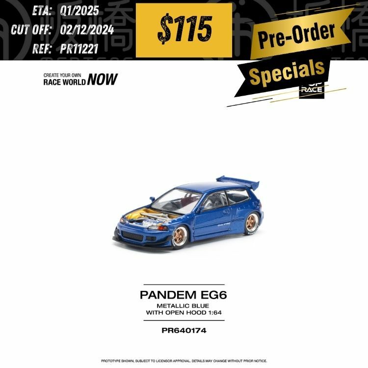 PO-$115 * POP RACE * 1:64 PANDEM CIVIC EG6 METALLIC BLUE WITH OPEN HOOD [OD22/11]
