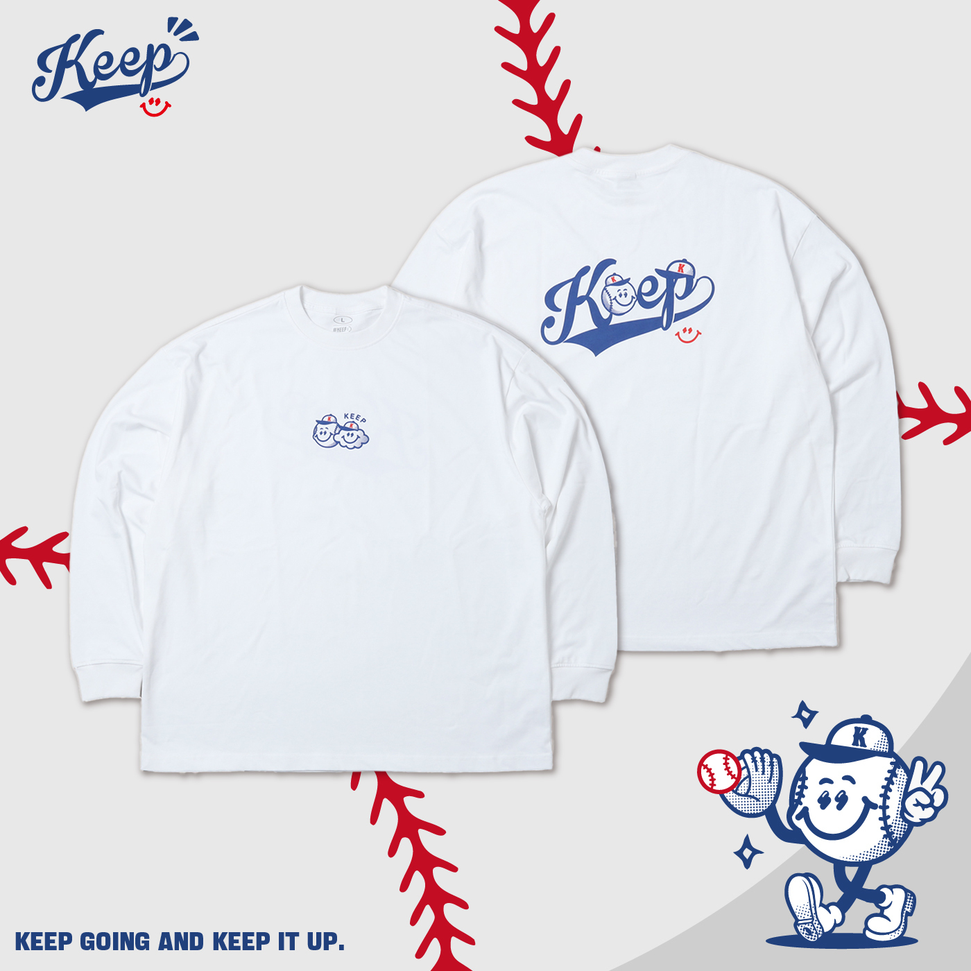[特價售出無退換] #KEEP BASEBALL LOGO LONG SLEEVE 白色 重磅 寬版 落肩 棒球好朋友 草寫字體 中華隊 12強 LOGO長TEE【KS254】