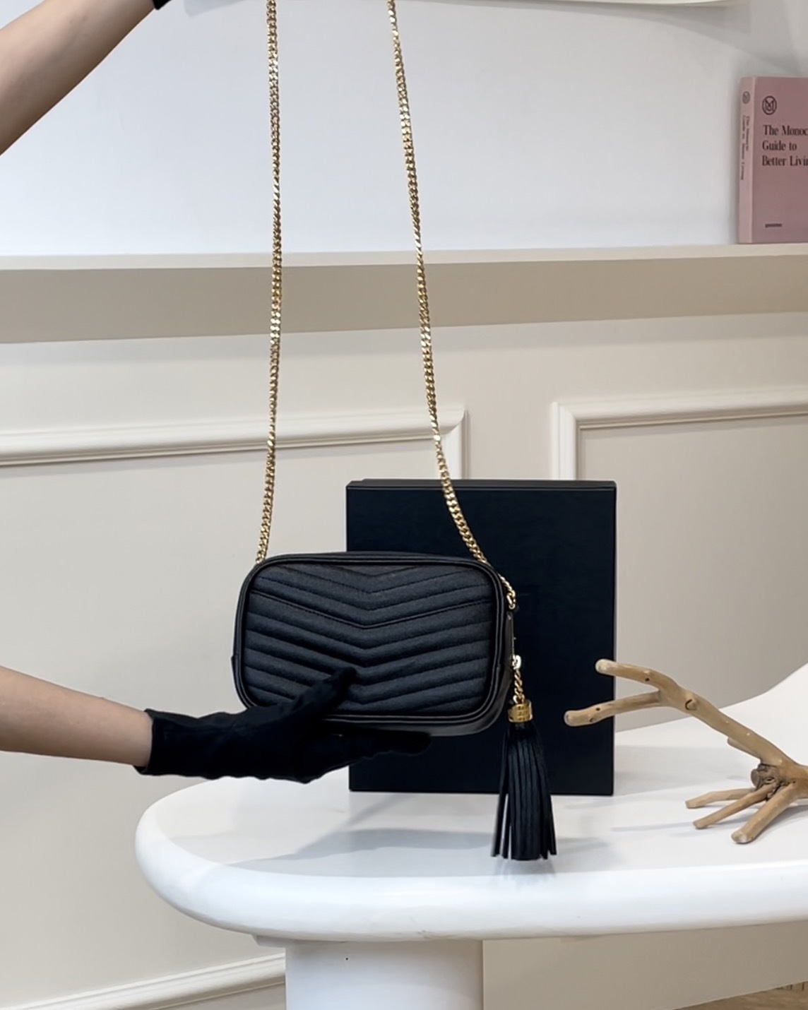 YSL｜荔枝流蘇迷你相機包 黑金