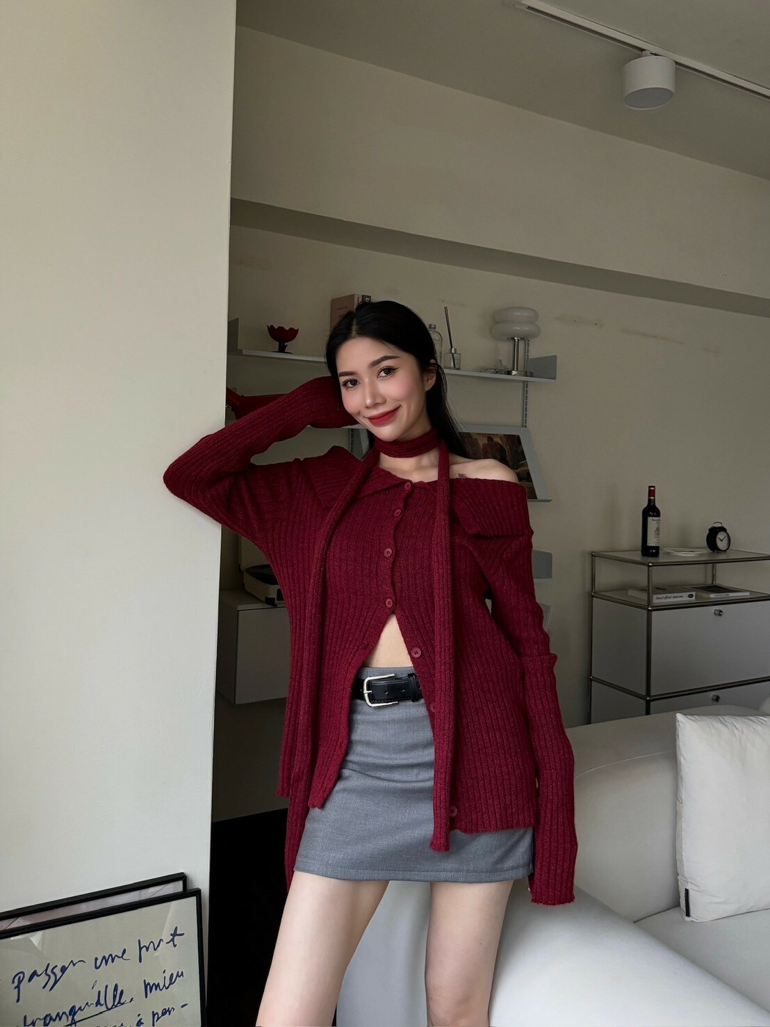 氣質翻領針織上衣(附綁帶)