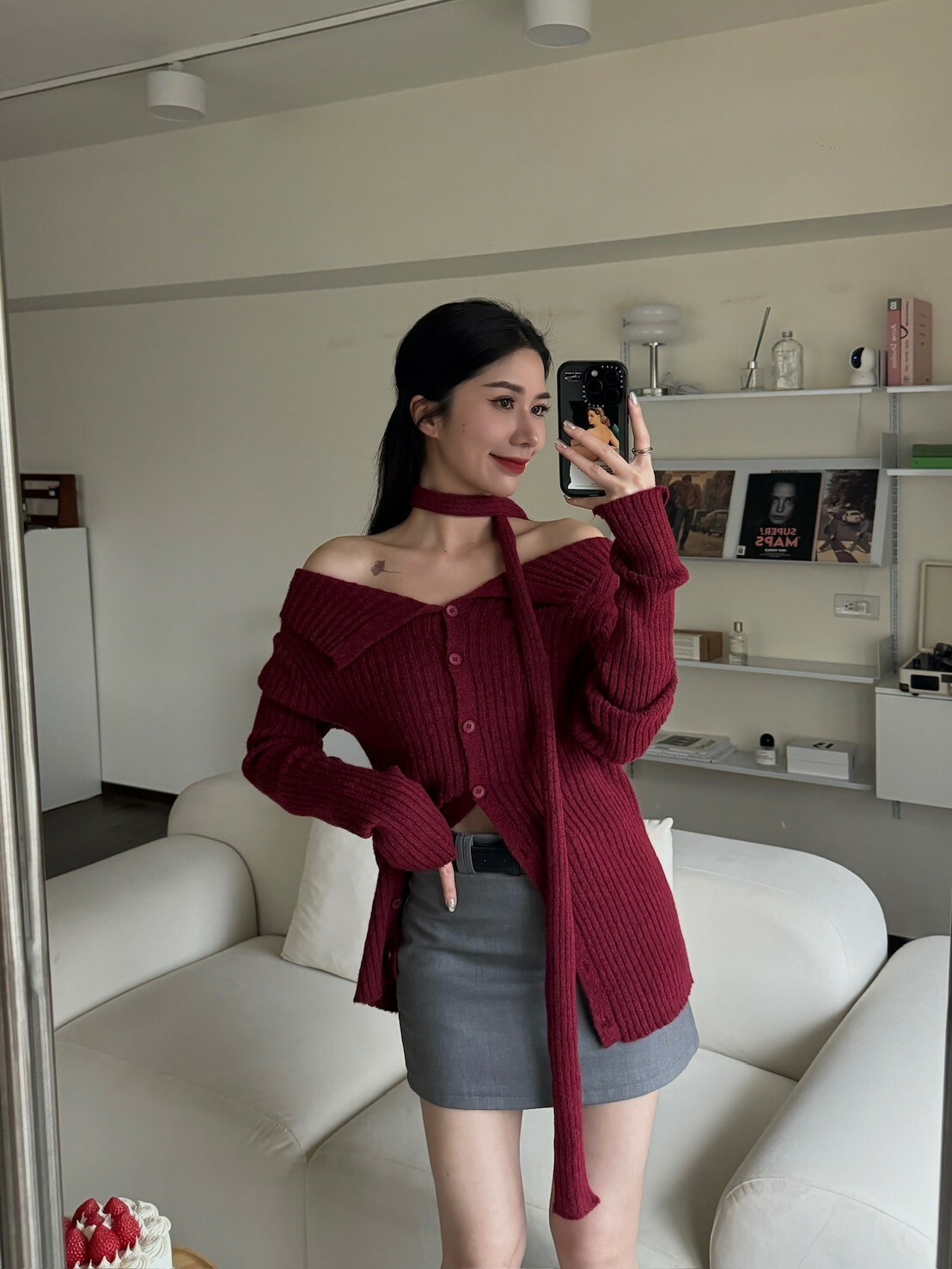 氣質翻領針織上衣(附綁帶)