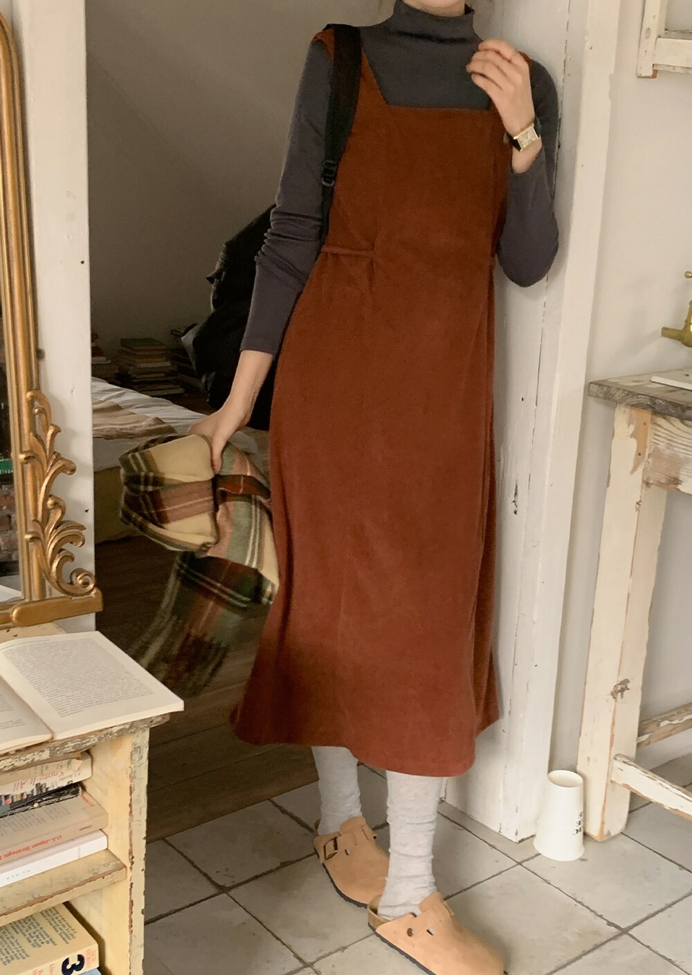 韓國grace muse授權 文藝少女燈芯絨方領後綁帶洋裝【made muse】系列