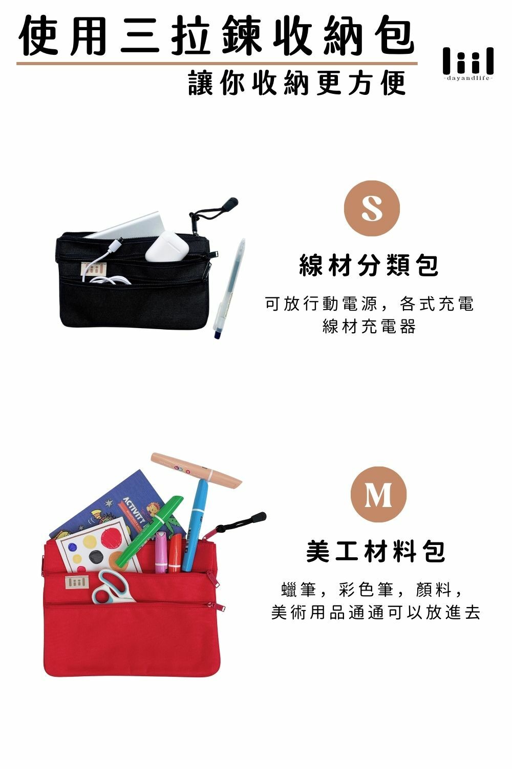 理理包liil_ 紋理三拉鍊收納包_S-XL_4色任選多夾層設計有效歸納分類_免在袋子裡大海撈針