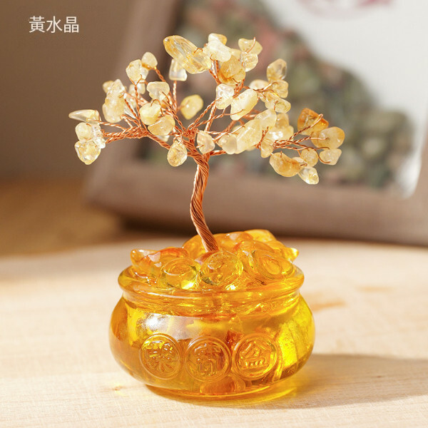 天然碎石水晶發財樹--琉璃聚寶盆 家居桌面擺飾【黃水晶】1件