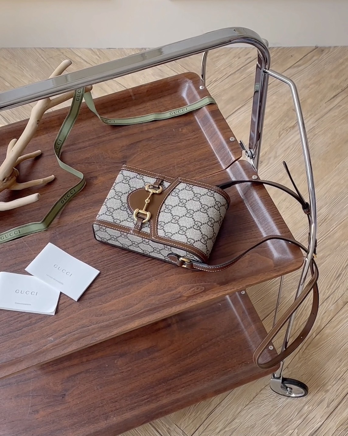 GUCCI｜HORSEBIT 1955 直式手機包 棕色老花