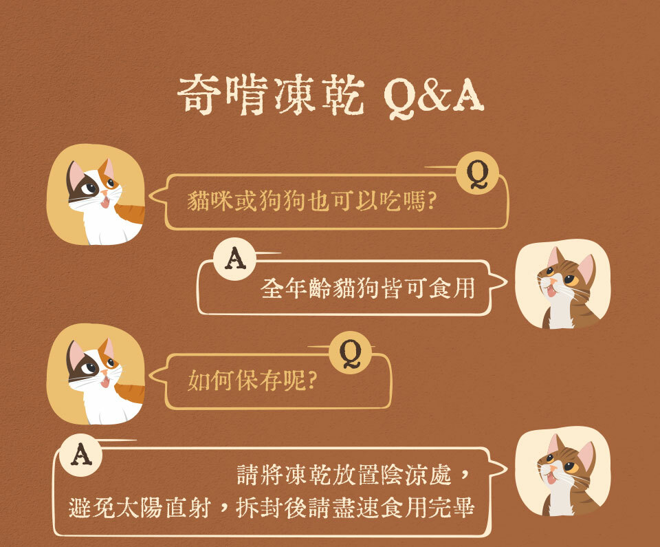 Chiken奇啃天然原型凍乾QA，全齡貓狗都可吃、置放陰涼處保存