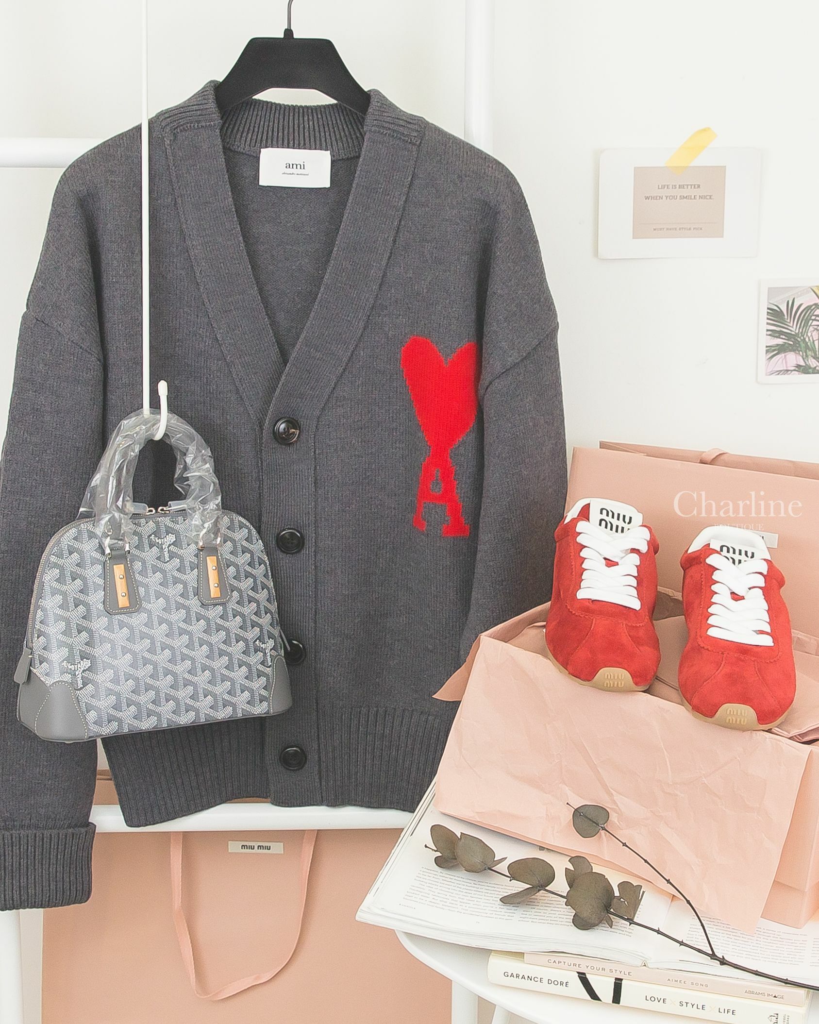 Miu Miu Plume Suede Sneakers 猩紅色麂皮棕白色皮革飾邊黑字運動鞋,Goyard Vendôme Mini Bag 灰色帆布小牛皮同色提把木紋裝飾黃色內裡迷你拉鍊手提包-Charline Boutique 精品代購