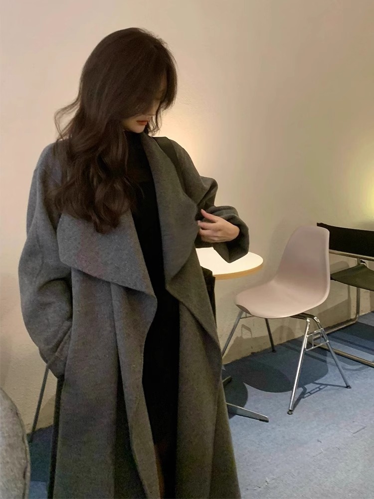 ᴷᴼᴿᴱᴬ 正韓🇰🇷大翻領鈕扣腰帶浴袍款寬鬆長版羊毛大衣（四色）