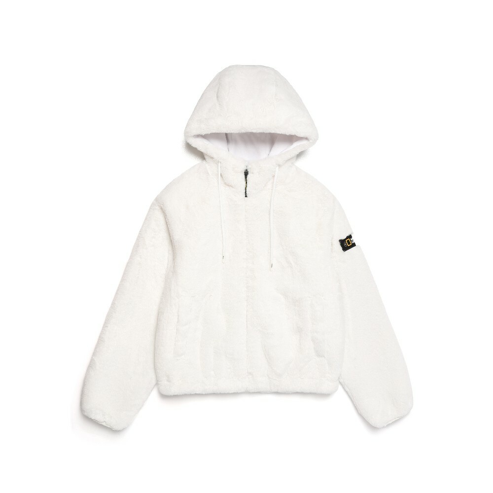 ジャケット・アウター EMBROIDERED FAUX FUR HOODED JACKET WHITE Unisex Faux Fur Hooded Zip-Up Jacket - WHITE