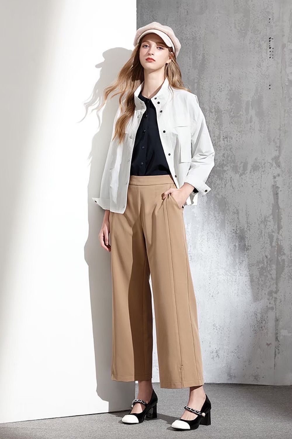 韓版OL高質感闊腿修身剪裁褲口時尚小叉寬版長褲V6251