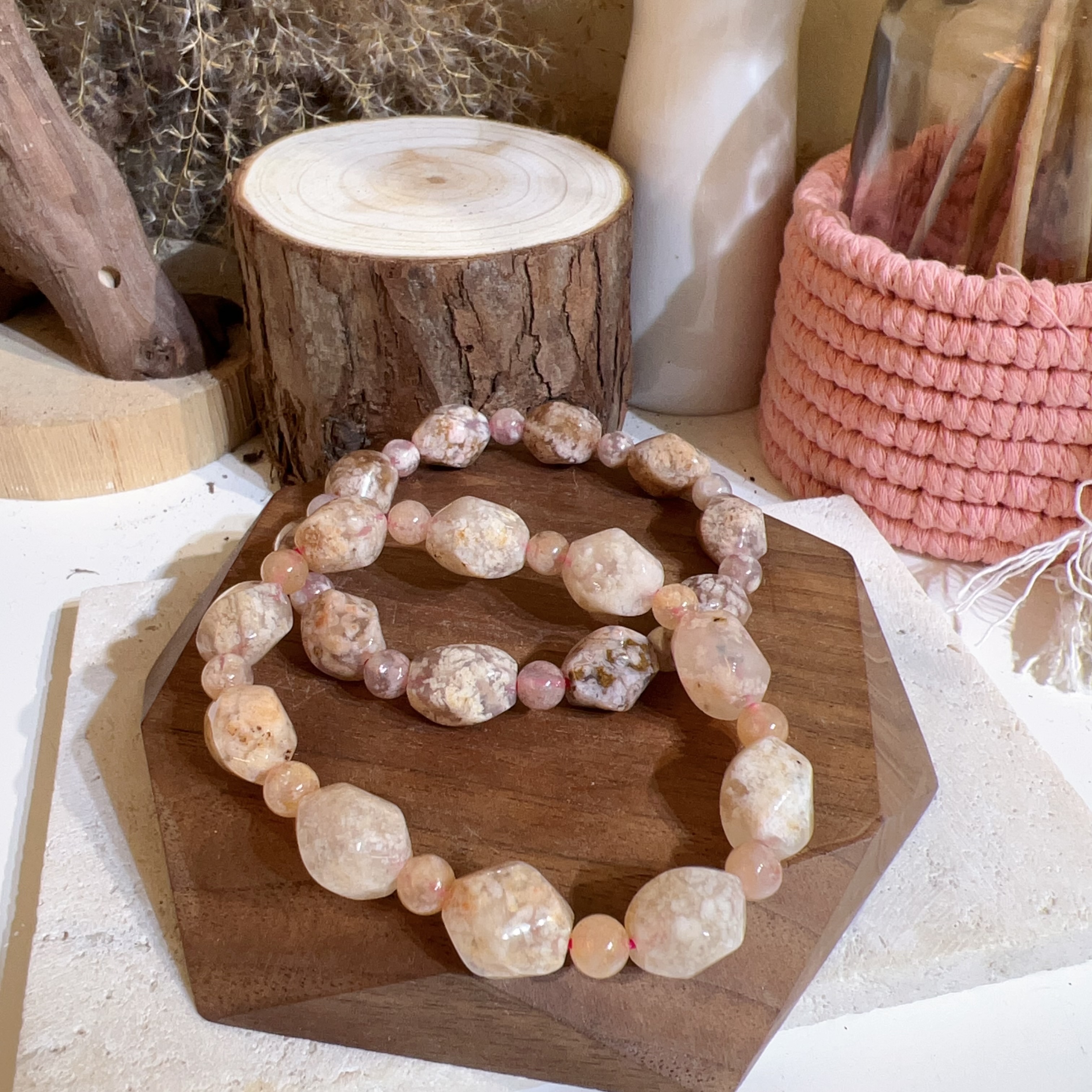 爆米花櫻花瑪瑙扭紋珠手串 10mm