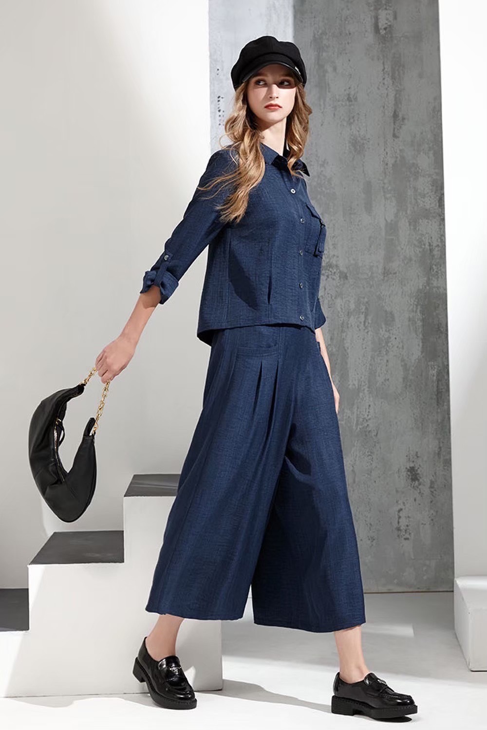 韓版OL時尚優雅口袋打摺造型顯瘦修身百搭寬褲裙V6282