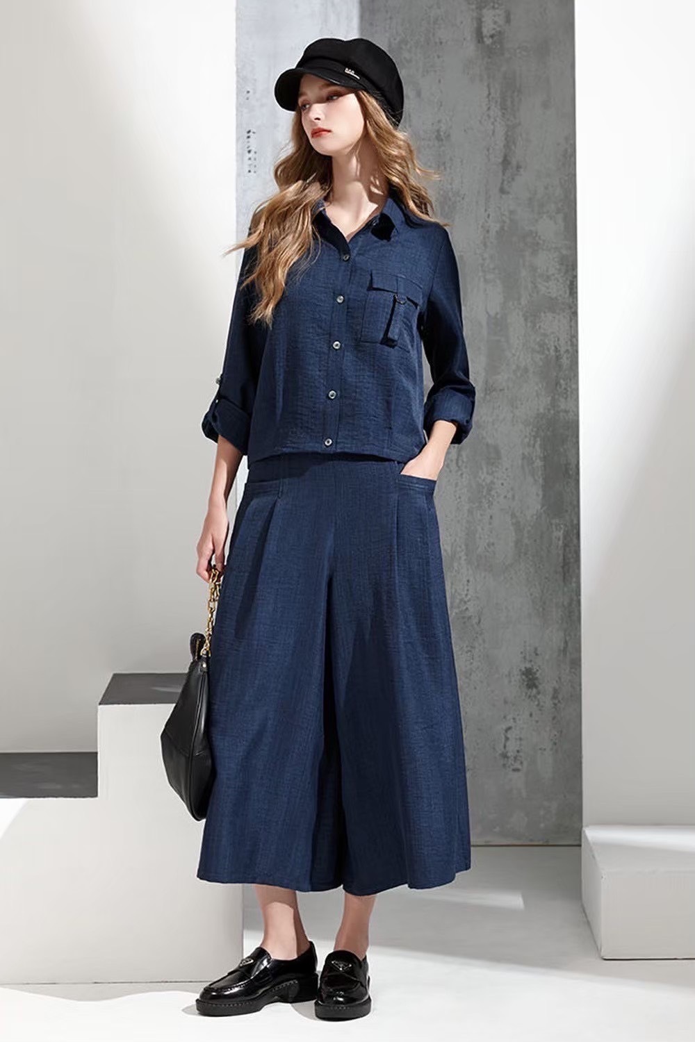 韓版OL時尚優雅口袋打摺造型顯瘦修身百搭寬褲裙V6282