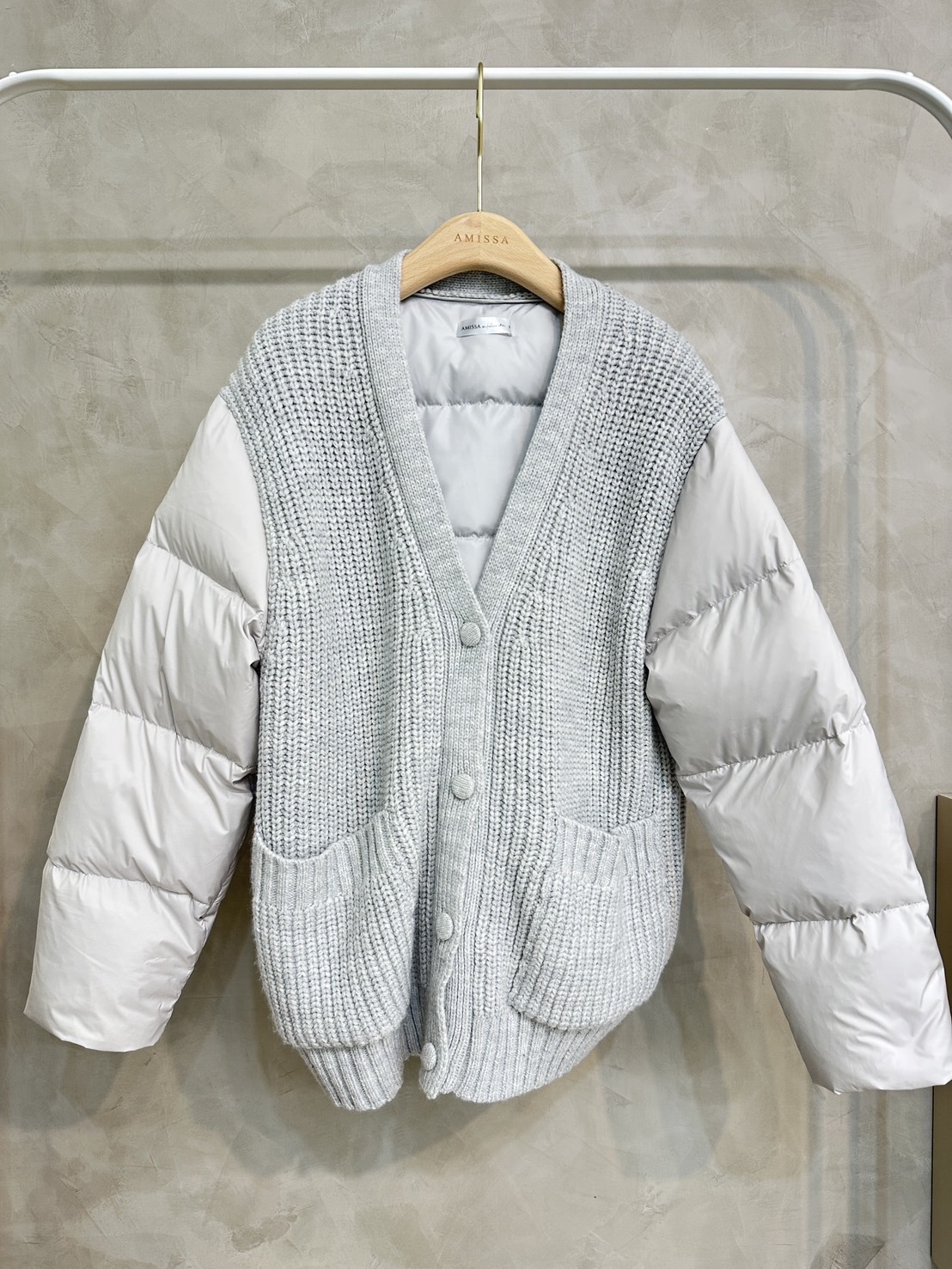 極暖針織拼接鴨絨外套_AMISSA（灰）