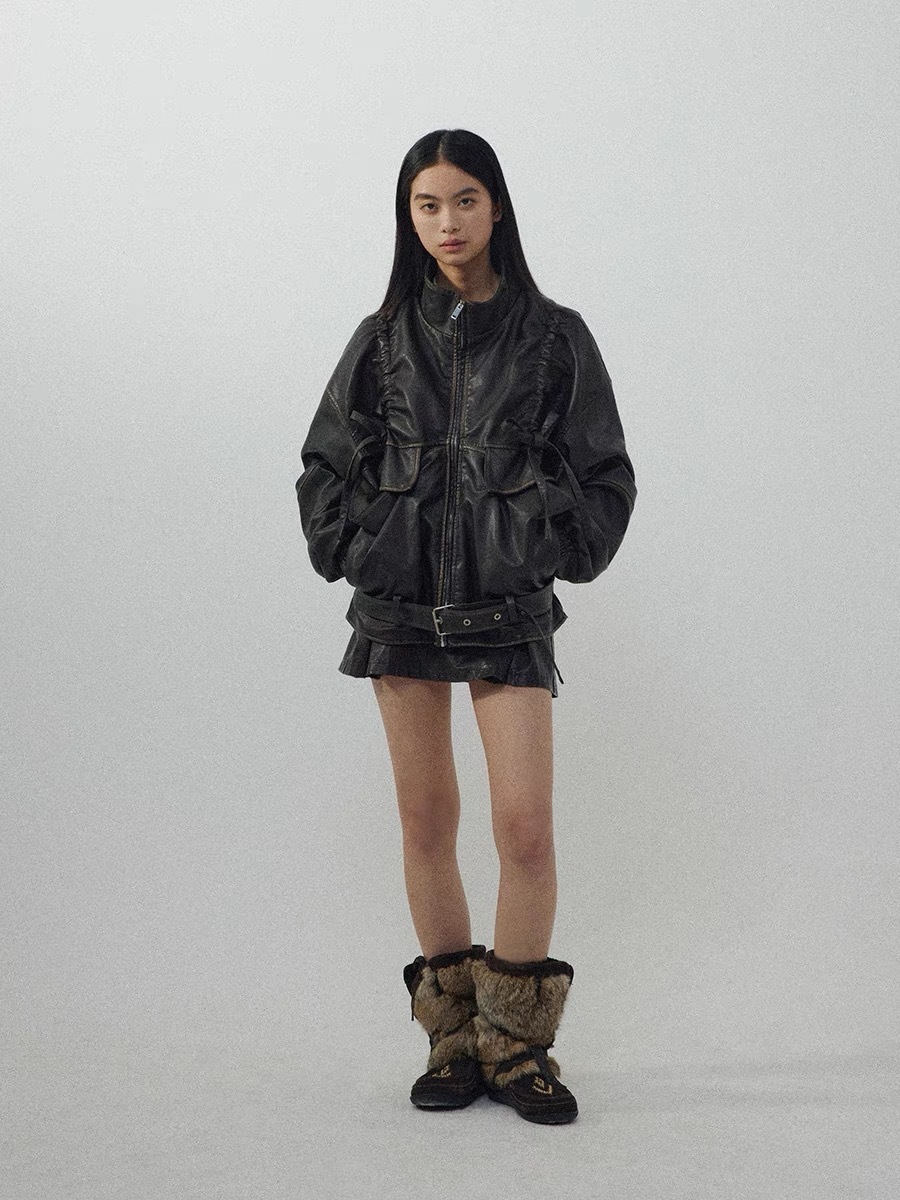 CONP 擦色繩結大輪廓皮衣