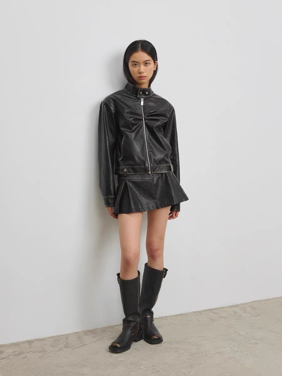 CONP 打褶做舊機車皮衣
