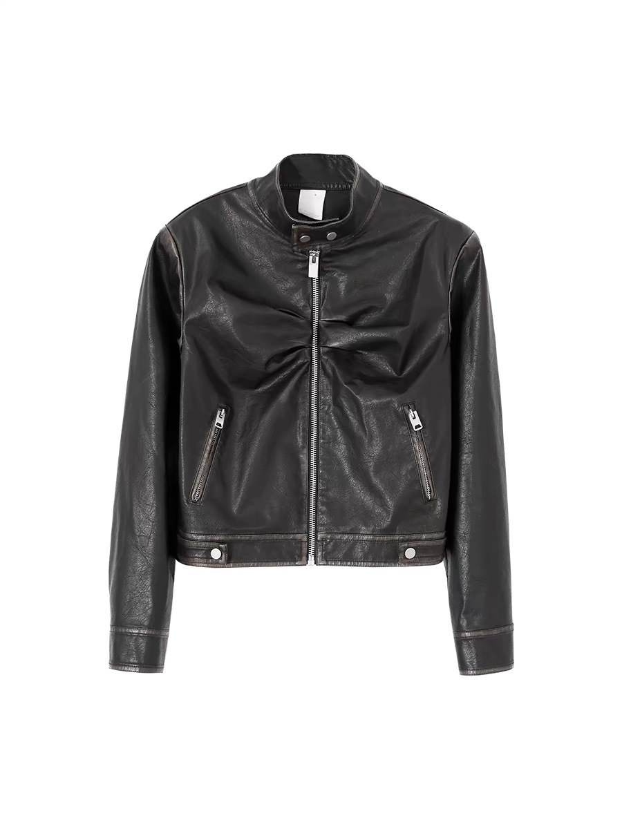 CONP 打褶做舊機車皮衣