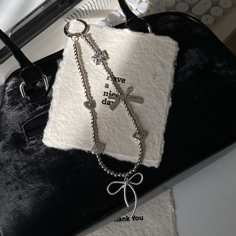 《5287》冷淡風銀色蝴蝶結串珠手機鏈掛飾