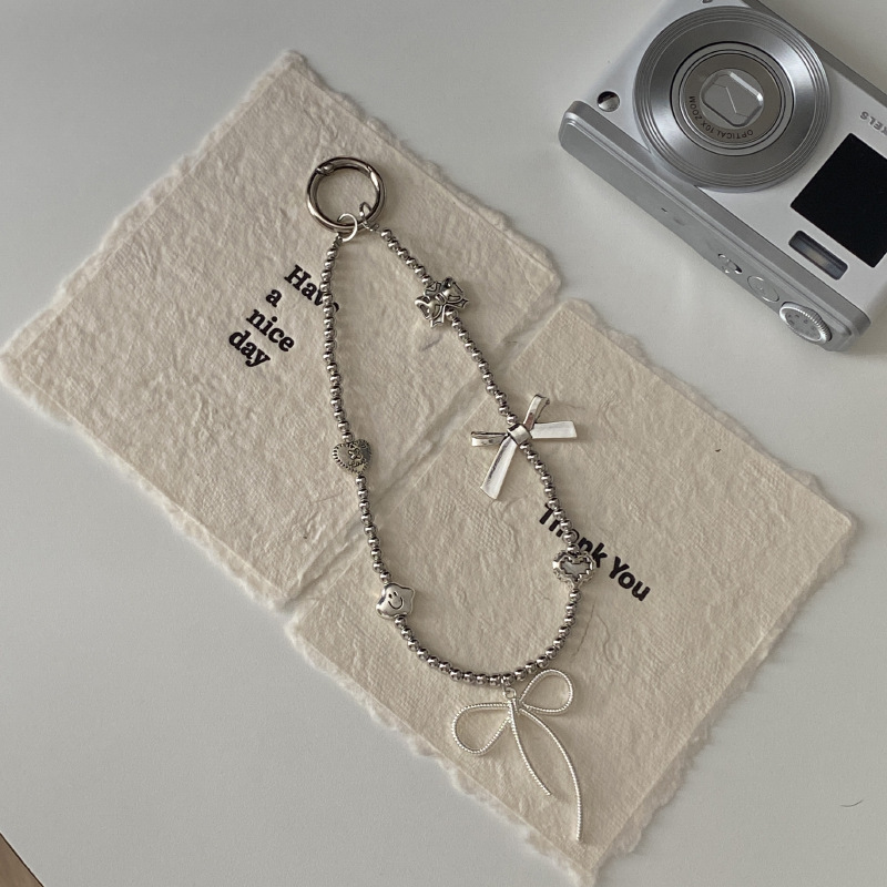 《5287》冷淡風銀色蝴蝶結串珠手機鏈掛飾