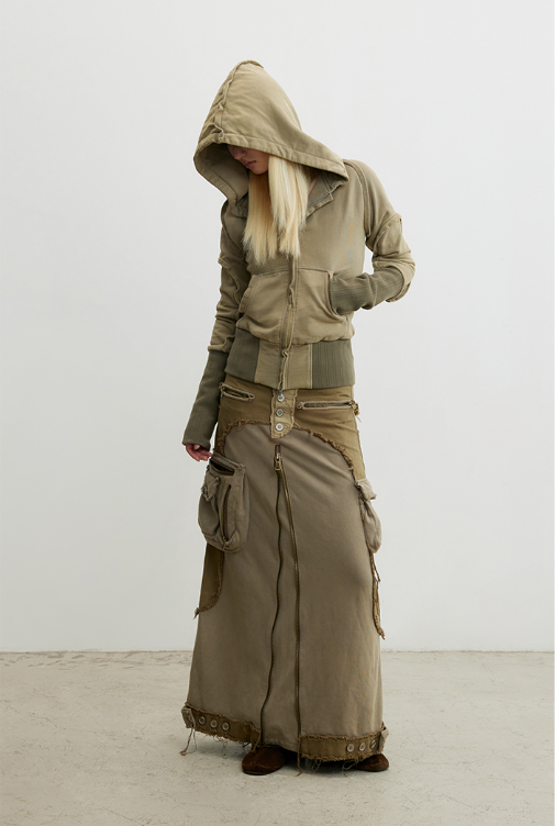 CONP 復古水洗毛邊拼接可調節半裙