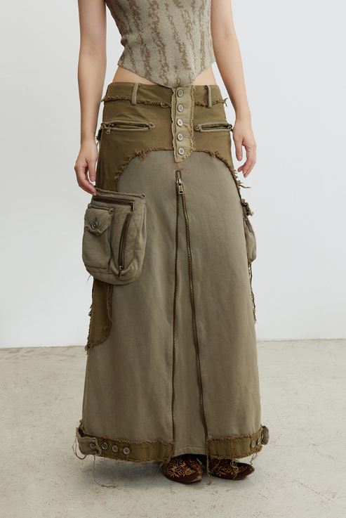 CONP 復古水洗毛邊拼接可調節半裙