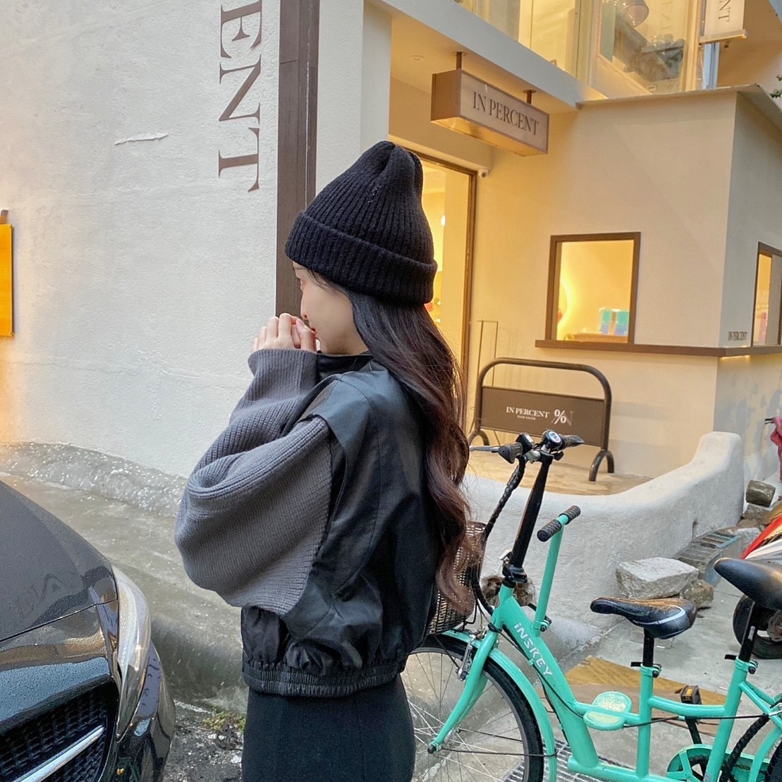 拼接袖皮革外套/二色