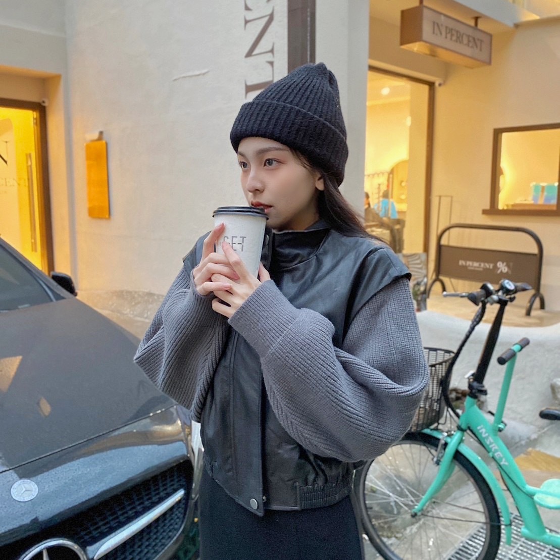 拼接袖皮革外套/二色