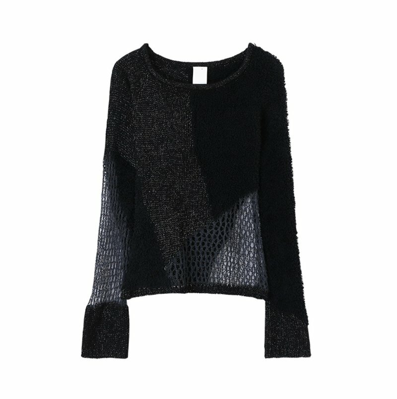 CONP 網狀拼接一字領簍空毛衣