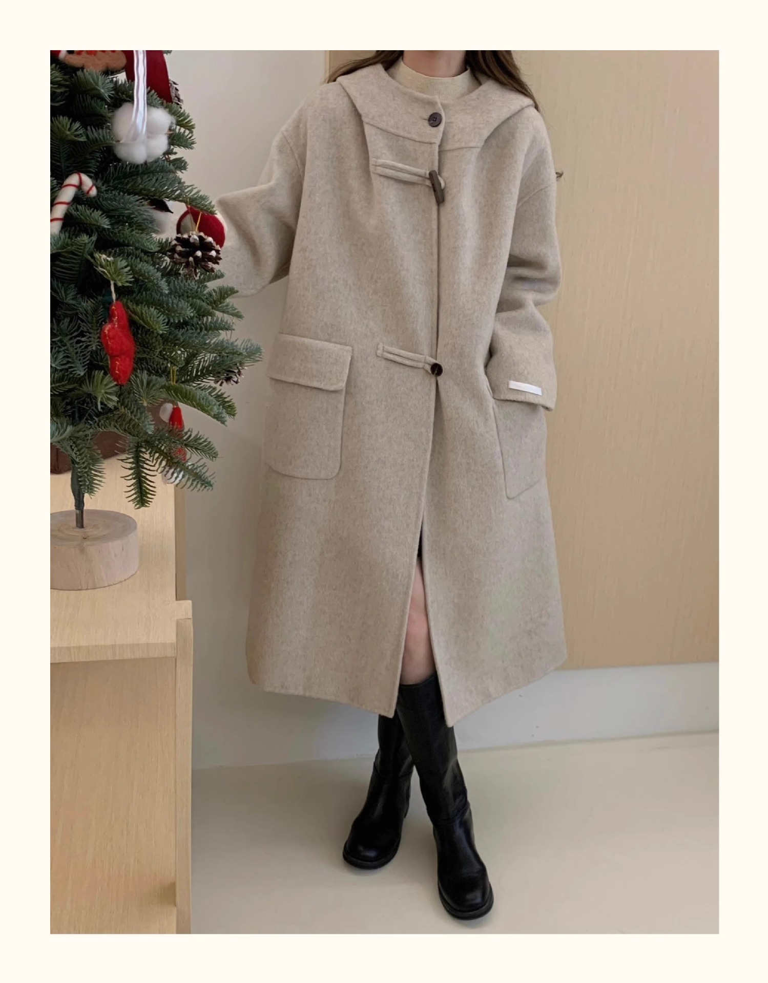 ᴷᴼᴿᴱᴬ 正韓🇰🇷連帽牛角木頭扣長版羊毛大衣（三色）