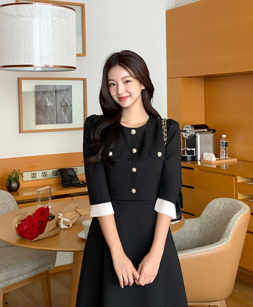 [現貨] Shayna 氣質拚色假兩件洋裝 [ 米色 / M ]