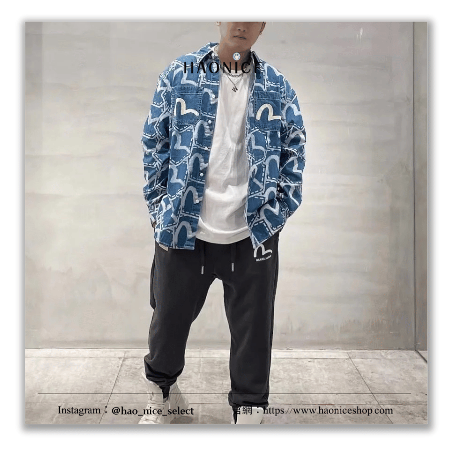 【NICE 歐美日韓代購】100%日本大阪正品 山根英彥EVISU 福神🇯🇵經典滿版logo水洗復古牛仔襯衫