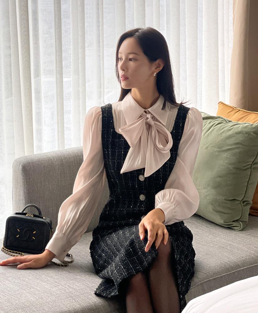 [福利品] Doreen 緞帶花呢拼接洋裝 [ 黑色 / S ]