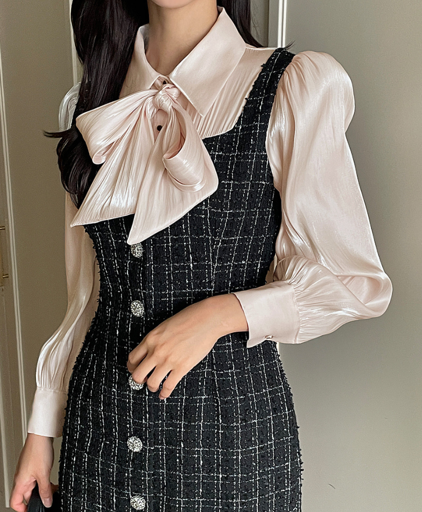 [福利品] Doreen 緞帶花呢拼接洋裝 [ 黑色 / S ]