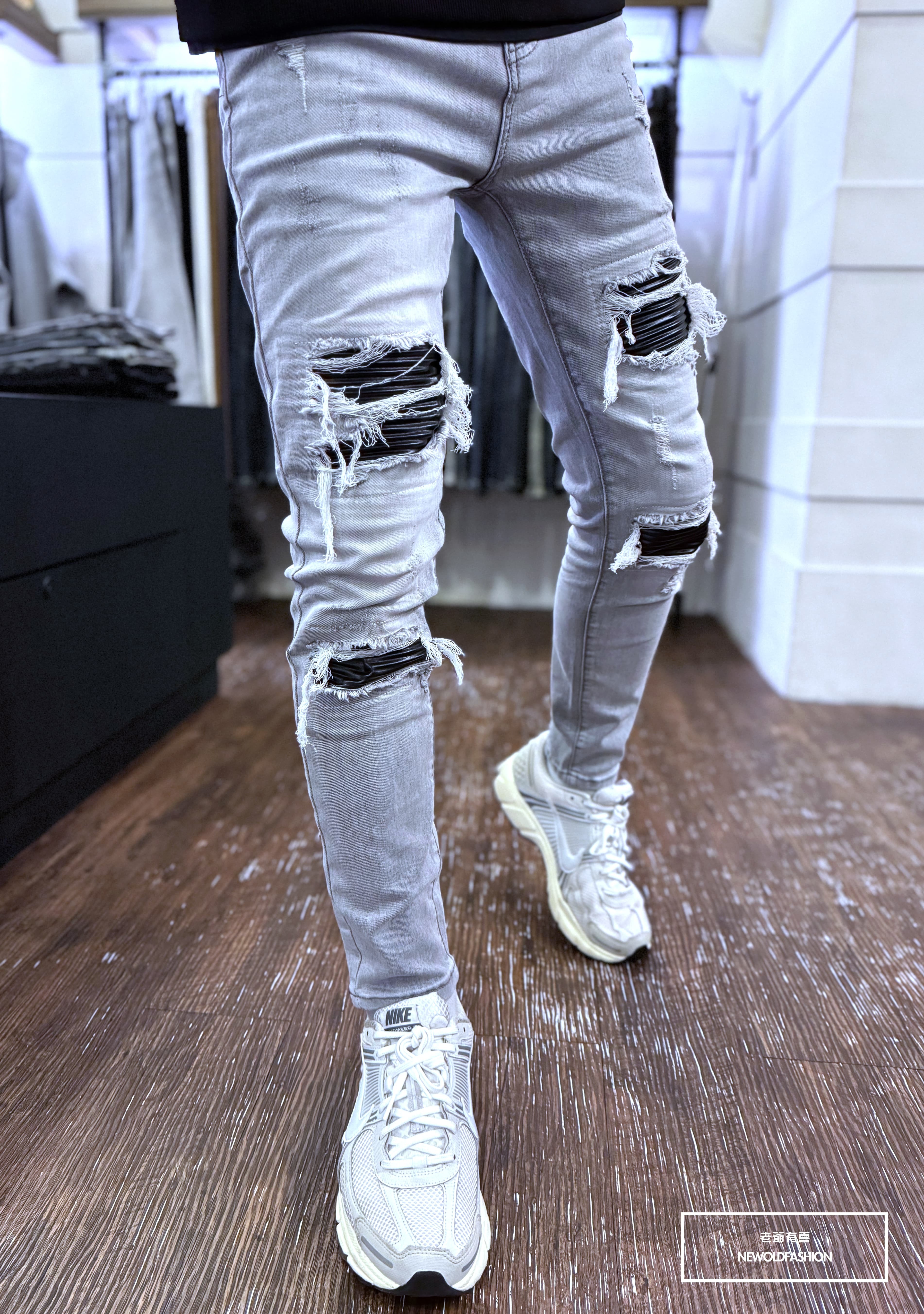 『新品上市』重磅淺灰皮革補丁小直筒褲(NOF24116091)