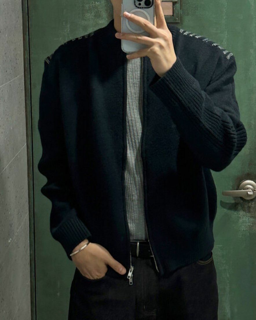 拼格仔拉鍊針織外套 OWN-067JK