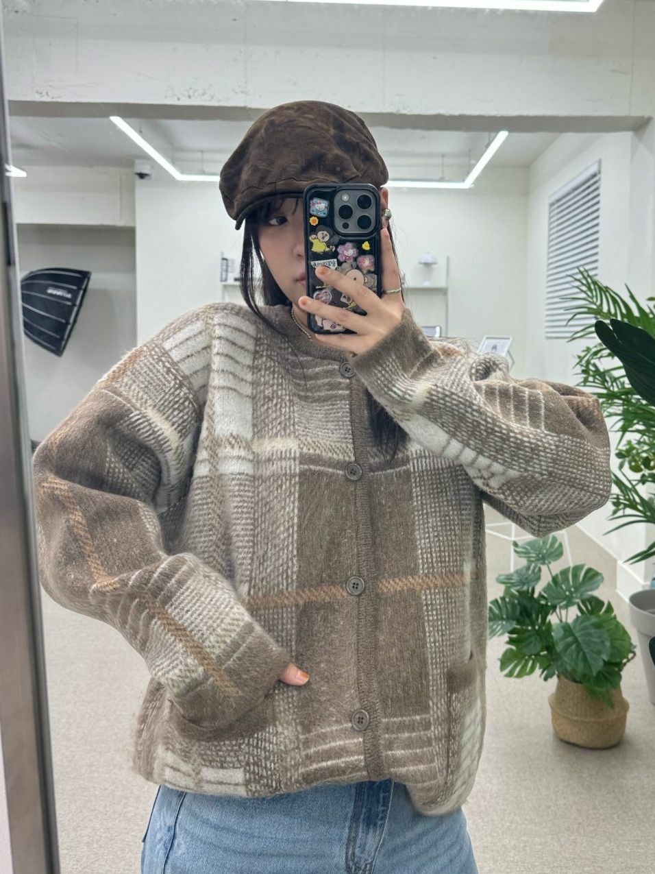 圓領格紋開胸針織外套 OWN-073JK