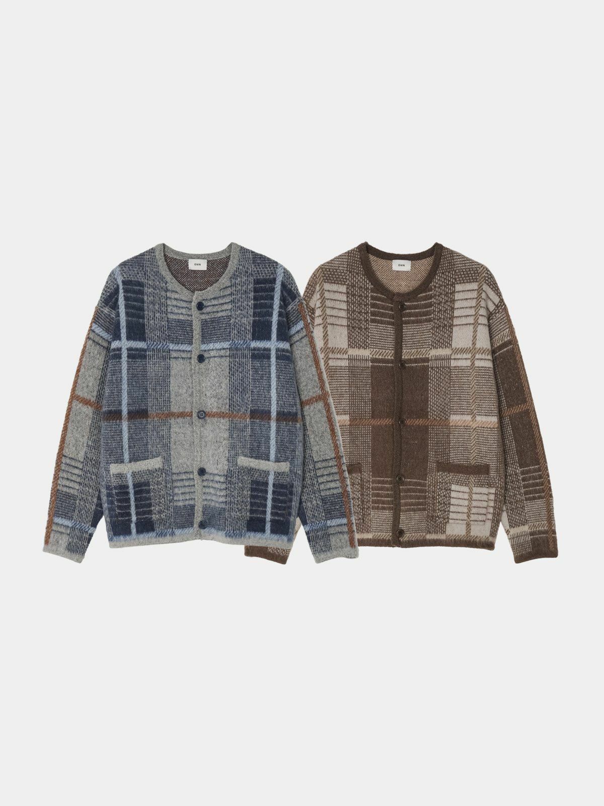 圓領格紋開胸針織外套 OWN-073JK