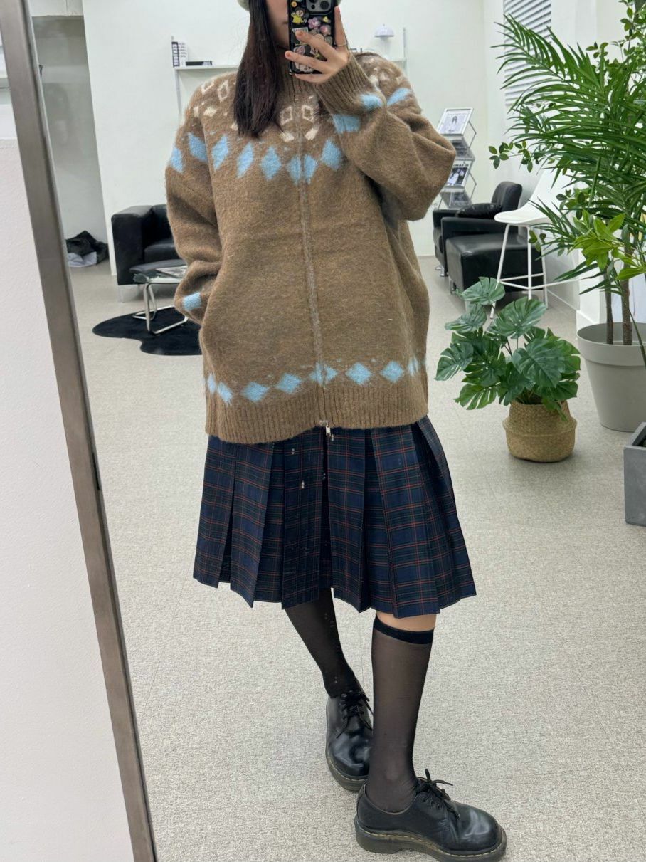 菱形花拉鍊針織外套 OWN-077JK