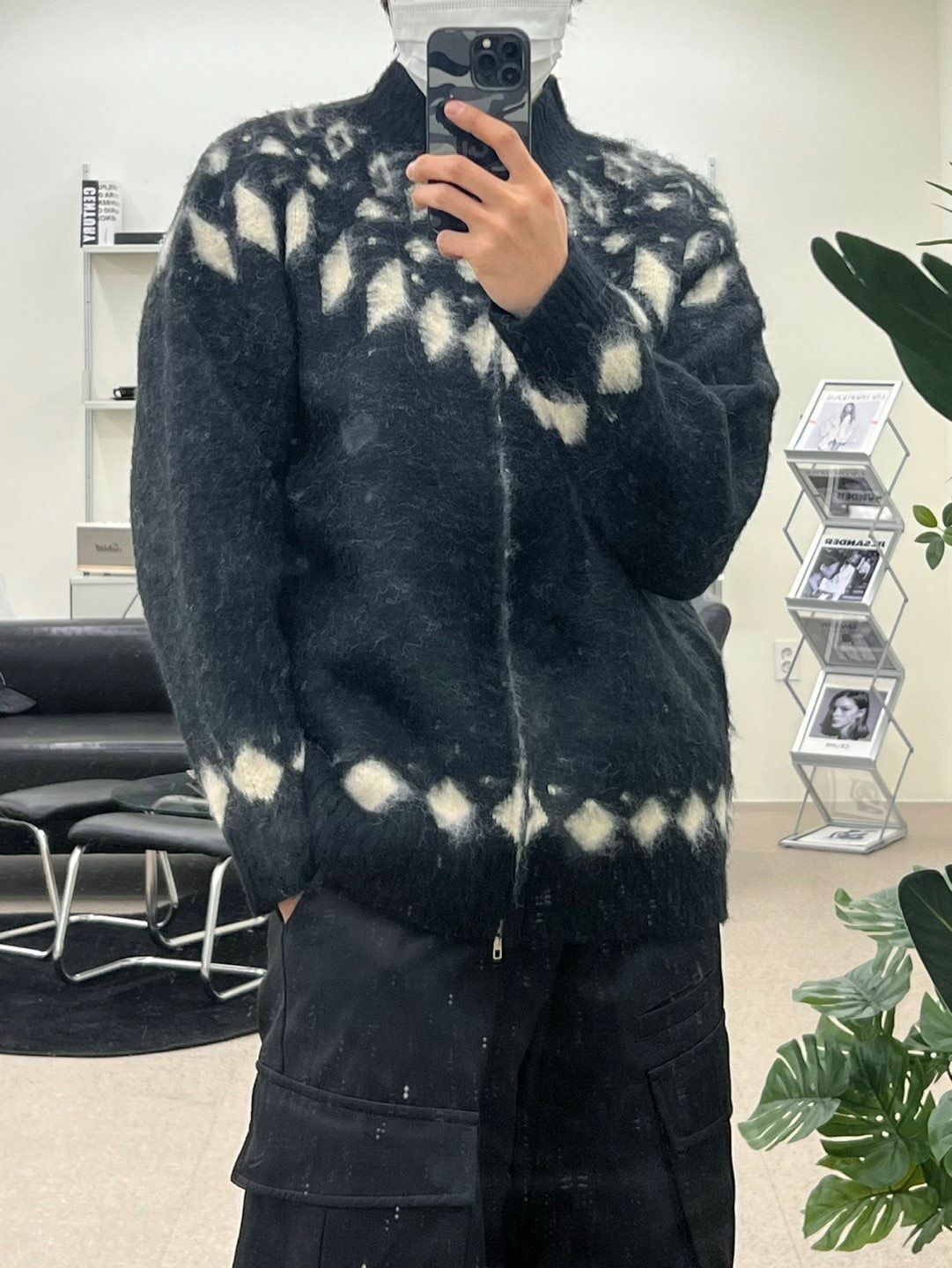 菱形花拉鍊針織外套 OWN-077JK