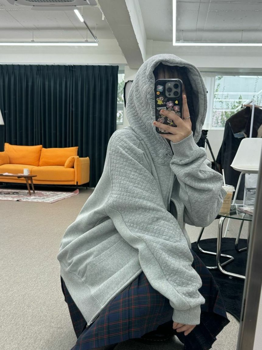 淨色拼暗格紋連帽拉鍊外套 OWN-080JK