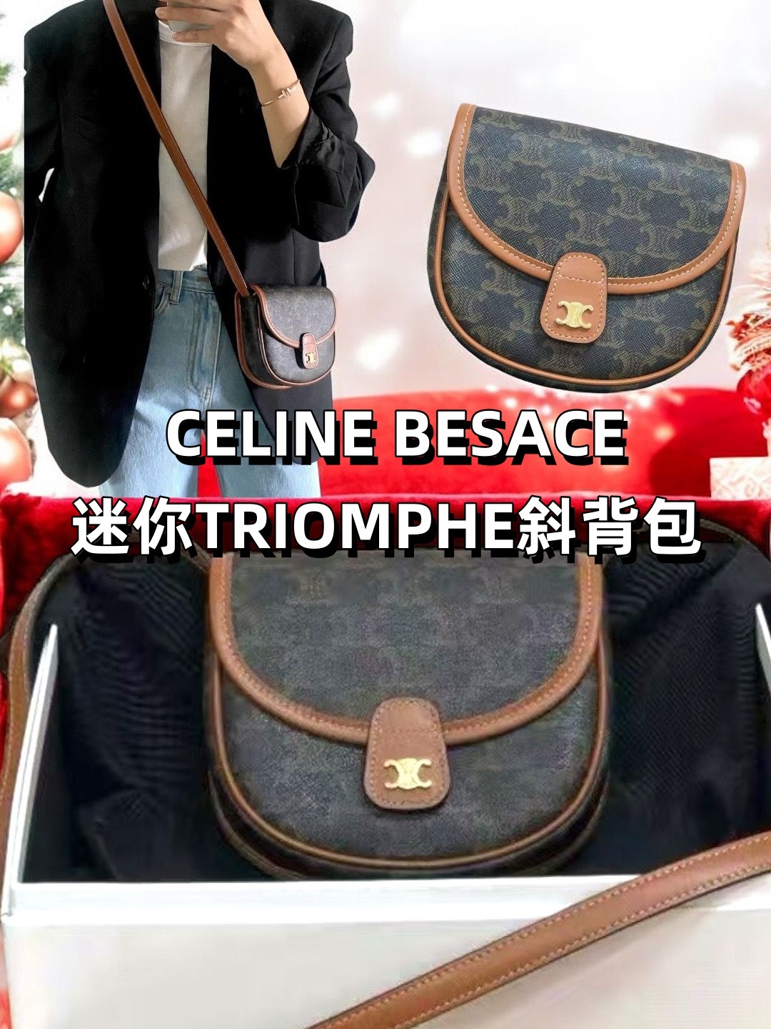 【CELINE】Besace Triomphe 帆布及小牛皮迷你斜背包(棕褐色)