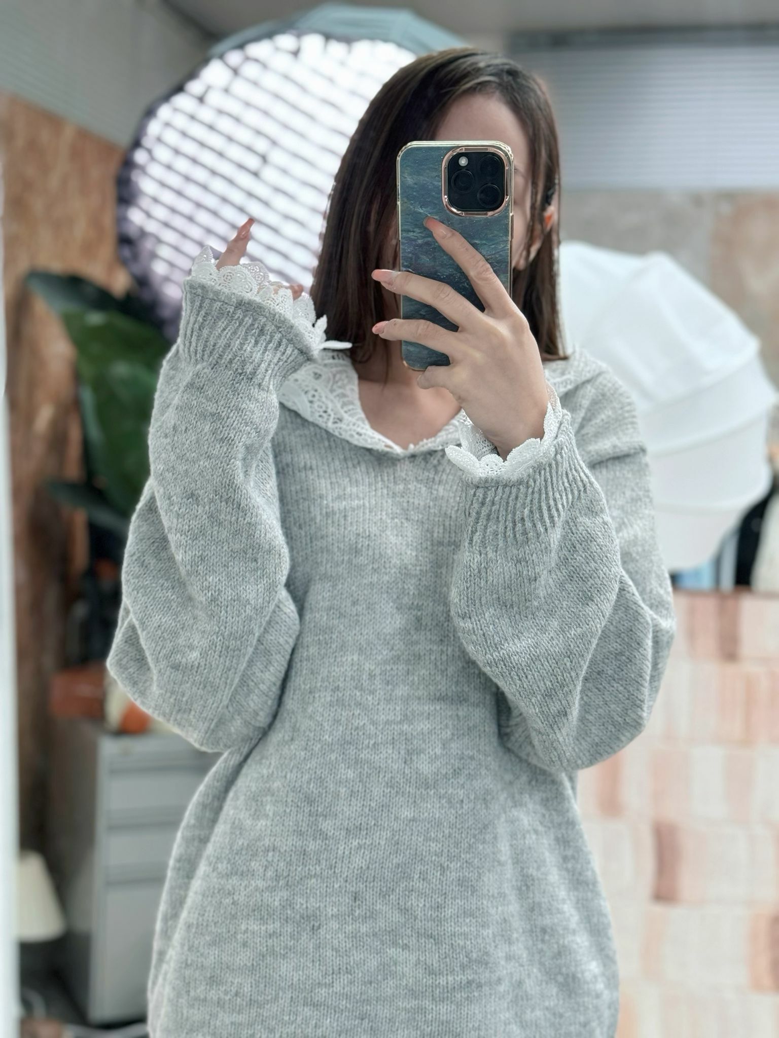 TOP#6614 🤍lace-hood毛衣