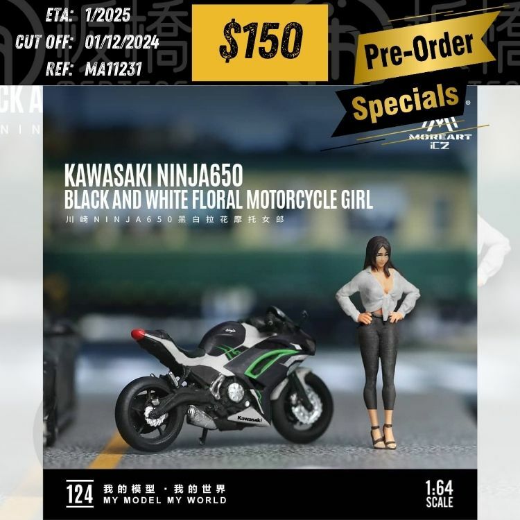 PO-$150 * MOREART * 1:64 FIGURE - KAWASAKI NINJA650 BLACK AND WHITE FLORAL MOTORCYCLE DOLL [OD23/11]