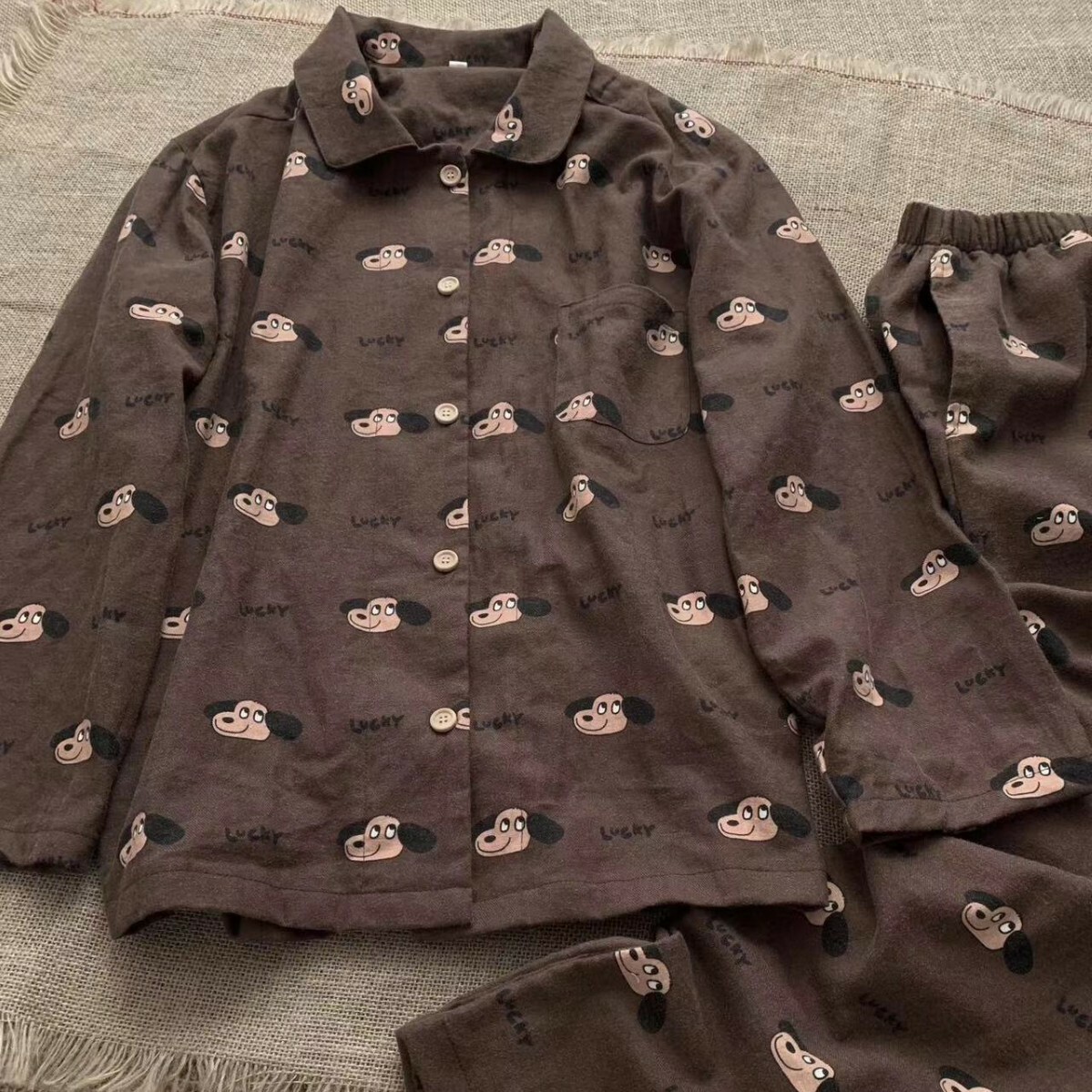 《5301》Lucky咖啡小狗磨毛長袖睡衣套裝