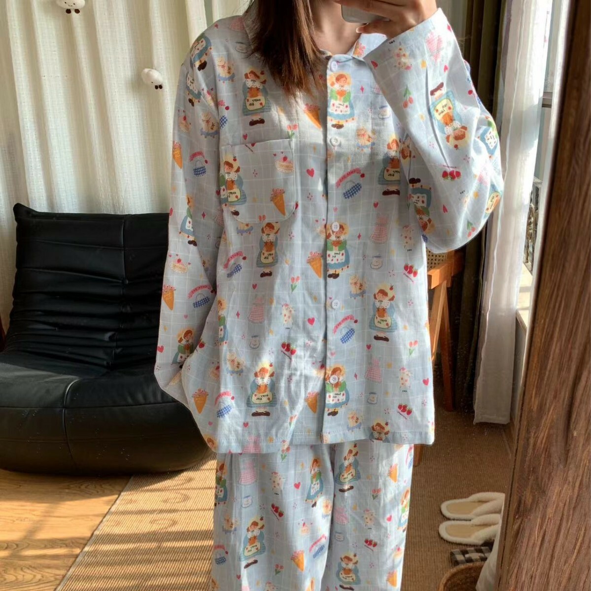 《5302》藍格蛋糕花朵女孩長袖睡衣套裝