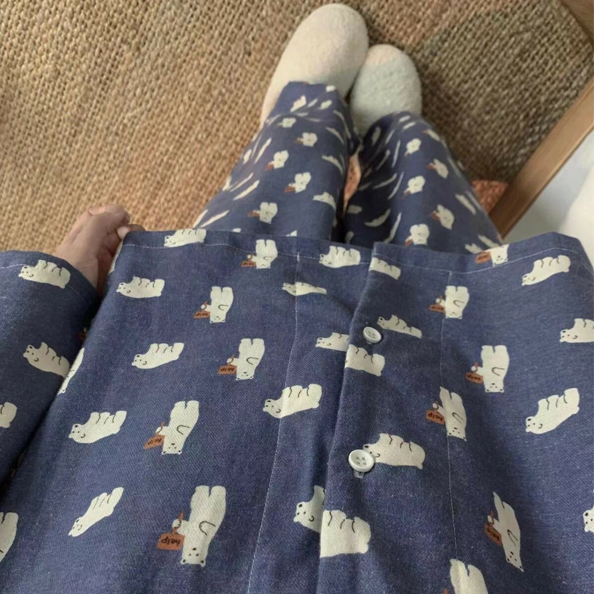 《5305》霧藍色可愛北極熊長袖睡衣套裝