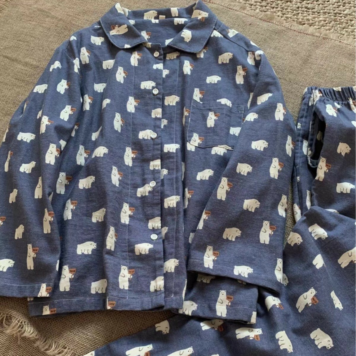 《5305》霧藍色可愛北極熊長袖睡衣套裝